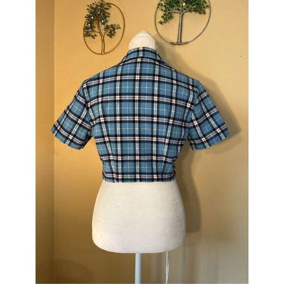 John Galt Blue Plaid Cropped Button Front Top One Size (XS / S) - Picture 2 of 8